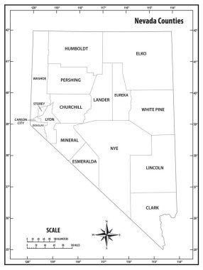 Nevada Eyaleti siyah-beyaz idari ve siyasi vektör haritası