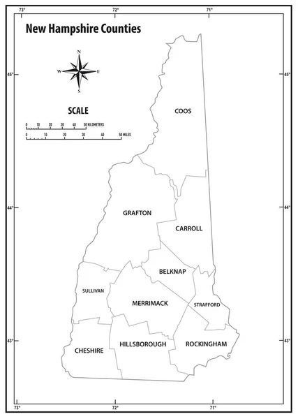 Nieuwe Hampshire State Outline Administratieve Politieke Vector Kaart Zwart Wit — Stockvector