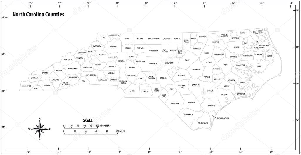 north carolina state outline administrative and political vector map in black and white