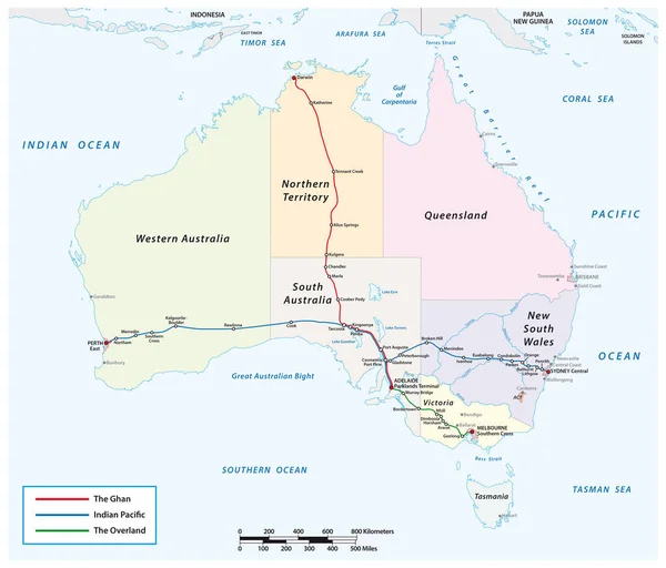 Linienplan Der Drei Australischen Fernzüge Overland Indian Pacific Ghan — Stockvektor