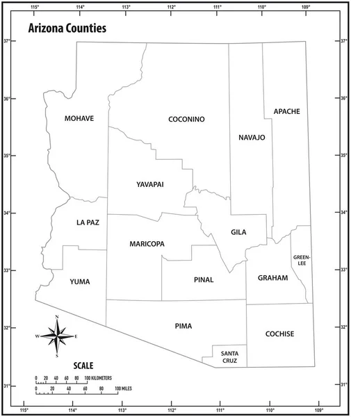 Arizona Estado Delinear Mapa Vetorial Administrativo Político Preto Branco —  Vetores de Stock