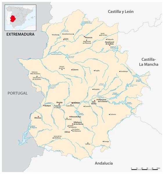 Mapa Vetorial Comunidade Autónoma Espanhola Estremadura Com Principais Cidades Espanha —  Vetores de Stock