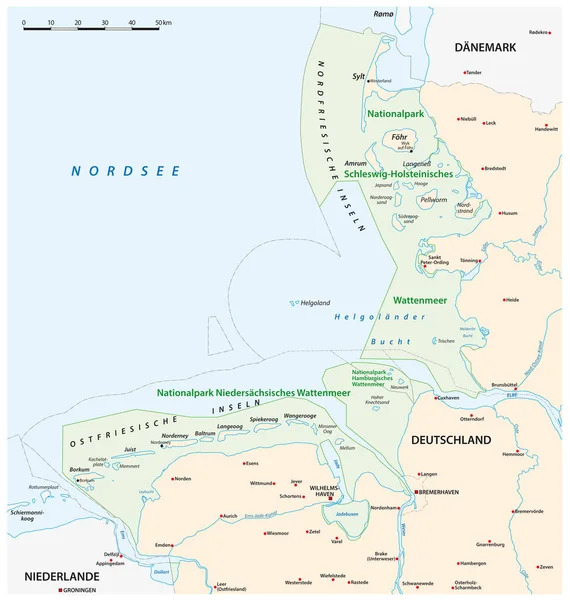 Mapa Vetorial Dos Três Parques Nacionais Mar Wadden Língua Alemã — Vetor de Stock