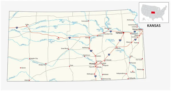 Road Map Dello Stato Americano Del Kansas — Vettoriale Stock