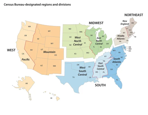Peta Vektor Dari Biro Sensus Amerika Serikat Menetapkan Wilayah Dan - Stok Vektor
