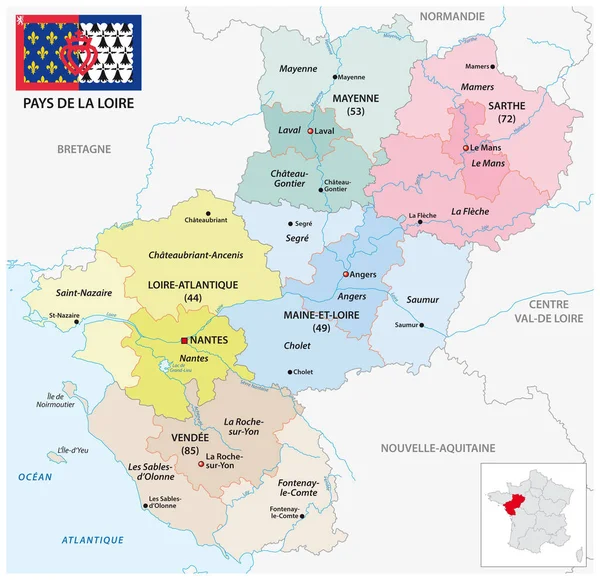Administrativní Vektorová Mapa Francouzského Regionu Pays Loire Vlajkou — Stockový vektor