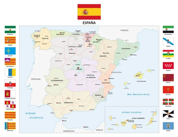 Mapa Vectorial Las Comunidades Autónomas España Con Bandera — Archivo Imágenes Vectoriales
