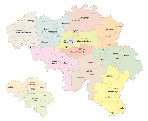 Administrativní Vektorová Mapa Belgických Oblastí Provincií Okresů — Stockový vektor