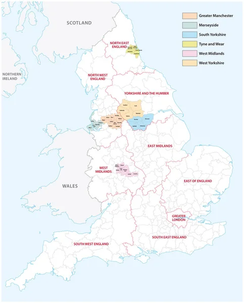 Mapa Vectorial Los Seis Condados Metropolitanos Inglaterra Reino Unido — Archivo Imágenes Vectoriales