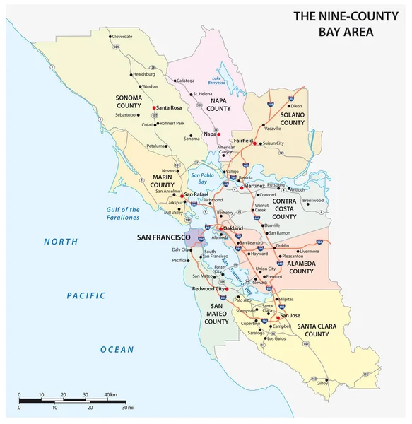 カリフォルニア州地域の行政と道路地図サンフランシスコ ベイエリア — ストックベクタ