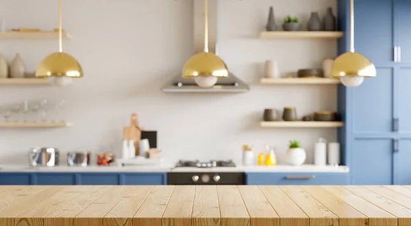 Tavolo Legno Vuoto Cucina Sfocata Sfondo Bianco Parete Piano Legno — Foto Stock