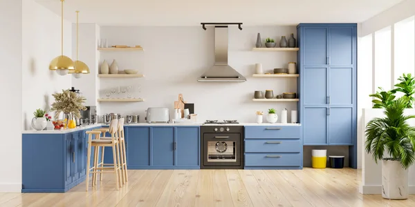 Mobilyalarla donatılmış modern mutfak. İç dekorasyonu beyaz duvar 3D.