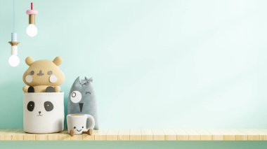 Duvardaki çocuk odasındaki model duvar açık mavi arka plan 3D