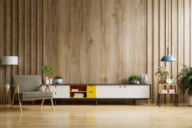 Kabine TV modern oturma odasında lamba, masa, çiçek ve bitki ahşap duvar arka planda, 3D görüntüleme