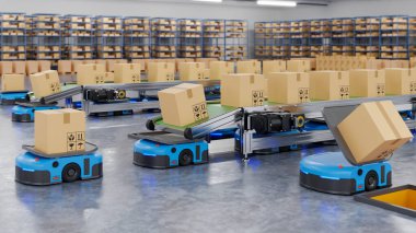 Robotlar saatte yüzlerce paketi etkin bir şekilde sıralıyor (Otomatik güdümlü araç) AGV.3d oluşturma