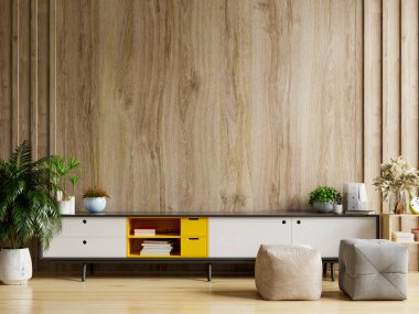 Modern oturma odasında, ahşap duvar zemininde dekorasyonu olan kabine televizyonu, 3D görüntüleme.