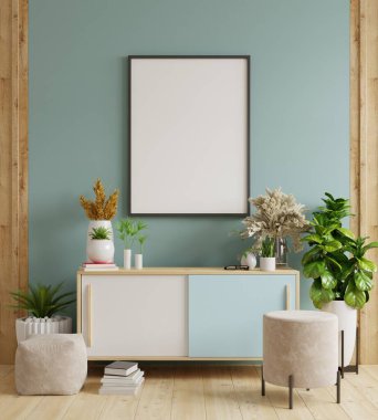 Dolabın içindeki poster çerçevesini düzenle, koyu mavi duvar 3D.