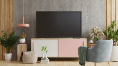 Oturma odasındaki beton duvardaki akıllı televizyon. Koltuk, minimal tasarım, 3D görüntüleme.