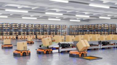 Robotlar saatte yüzlerce paketi etkin bir şekilde sıralıyor (Otomatik güdümlü araç) AGV.3d oluşturma