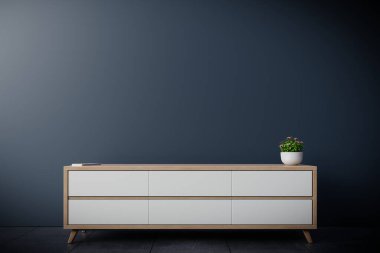 Modern boş odada televizyon dolabı, karanlık duvar, üç boyutlu görüntüleme.