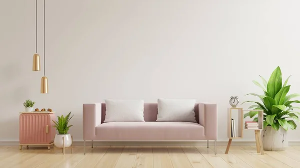 空の白い壁 木製の床と白い壁にピンクのソファで内壁のモックアップ 3Dレンダリング — ストック写真