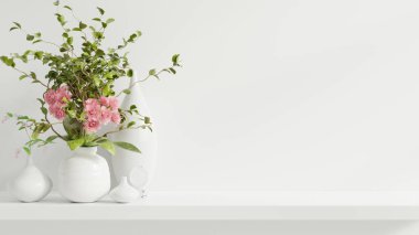 Süslü bitkilerle süsleme duvarı ve dekorasyon malzemesi raf ahşap, 3D görüntüleme