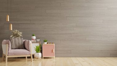 Evin içinde beton duvar, koltuk ve aksesuarlar var.