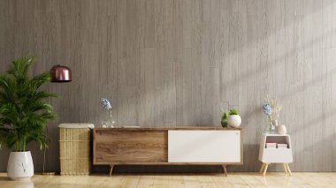 Modern boş odada televizyon rafı, minimal tasarım, 3D görüntüleme