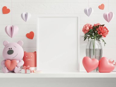 Sevgililer Günü odasında poster çerçevesi, boş beyaz duvar arkaplanı posterleri, 3D görüntüleme