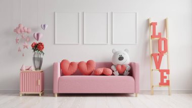 Afiş çerçeveli, sevgililer günü için modern iç mekan, kanepe ve ev dekorasyonu, 3D görüntüleme.