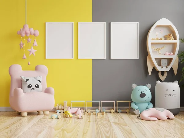 Mock Poster Frame Children Room Yellow Illuminating Ultimate Gray Wall — Stock Photo, Image