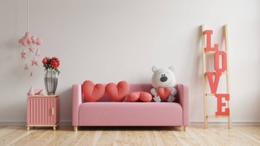 Duvar süsü ver. Sevgililer Günü için modern iç dekorasyon, kanepe ve ev dekorasyonu var.