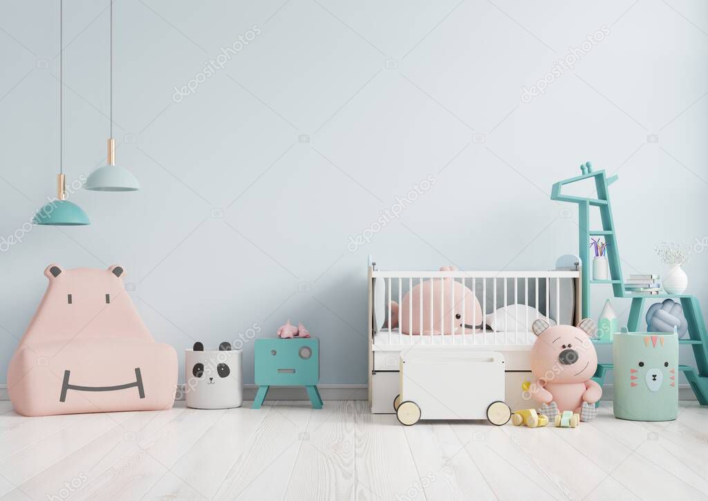 Mock up wall in the children's room with pink sofa in light blue color wall background,3d rendering