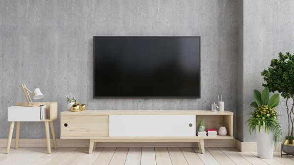 现代客厅橱柜上的电视机 背靠水泥墙 3D渲染 — 图库照片