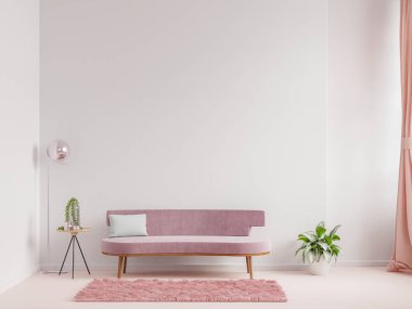 Modern oturma odası iç tasarımı pembe bir kanepe ve boş beyaz duvar arka planında koltuk, 3D görüntüleme