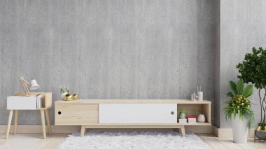 Modern boş odada televizyon rafı, minimal tasarım, 3D görüntüleme