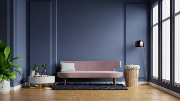 Interiør Lys Værelse Med Sofa Tom Mørkeblå Væg Baggrund Rendering - Stock-foto