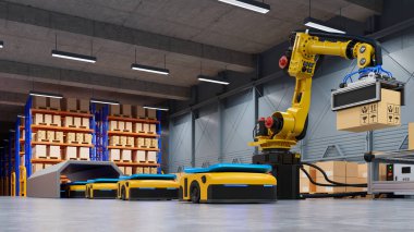 Taşımacılıkta AGV ve robotik kollu fabrika otomasyonu 3D güvenli bir şekilde hazırlanarak ulaşımı arttırmak için