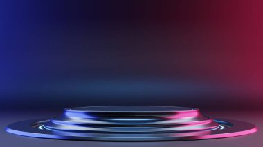 İçi boş podyum bilim feneri ile dolu fütüristik bir yer. 3d oluşturma