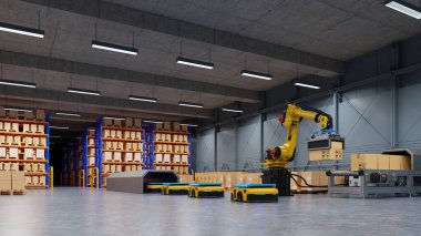 Taşımacılıkta AGV ve robotik kollu fabrika otomasyonu 3D güvenli bir şekilde hazırlanarak ulaşımı arttırmak için