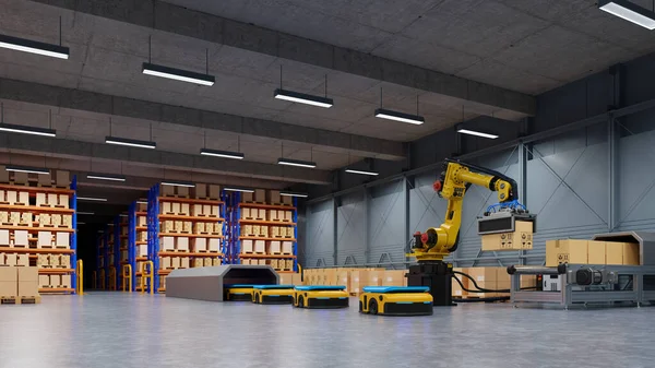 Fabrieksautomatisering Met Agv Robotarm Transport Het Transport Veiliger Maken Rendering — Stockfoto