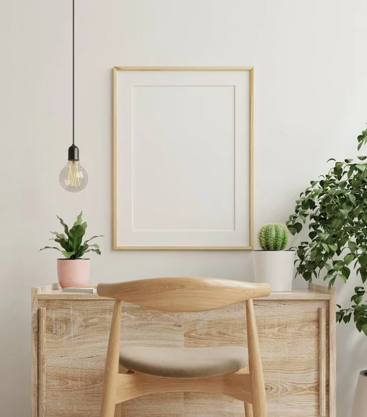 Mockup Frame Work Table Living Room Interior Empty White Wall — Stock Photo, Image