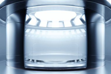 Boş lacivert stüdyo odası fütüristik bilim kurgu salonu. Işıklar mavi, gelecek tasarım arkaplanı 3D.