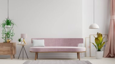 Boş beyaz duvar zemininde kanepesi olan ışık odasının içi, 3 boyutlu.