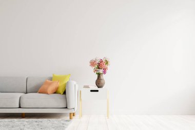 Boş oturma odasında gri renkli kanepe, masa üzerinde süs vazosu ve boş beyaz arka plan 3D görüntüsü var.
