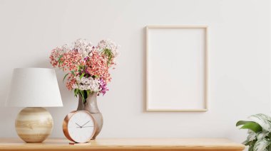 Oturma odasının iç tarafındaki rafta, İskandinav tarzı, 3D görüntüleme.