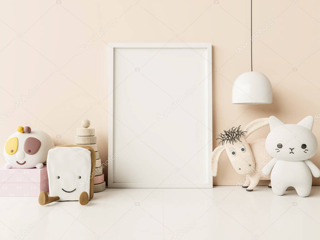 Mock up posters in child room interior, posters on empty cream color wall background,3D rendering