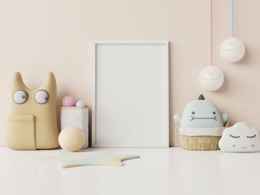 Çocuk odasındaki posterleri, boş krem rengi duvar arkaplanındaki posterleri, 3D görüntüleme