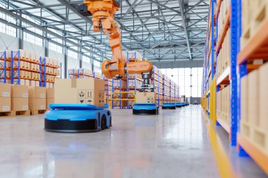 Otomatik güdümlü araç (AGV), 3D görüntüleme kullanılarak lojistik sistemlerinin üretilmesi ve sürdürülmesi için robotik kol