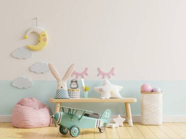 Çocuk odasındaki duvarı beyaz, mavi duvarla kaplayın. Arka plan 33D.